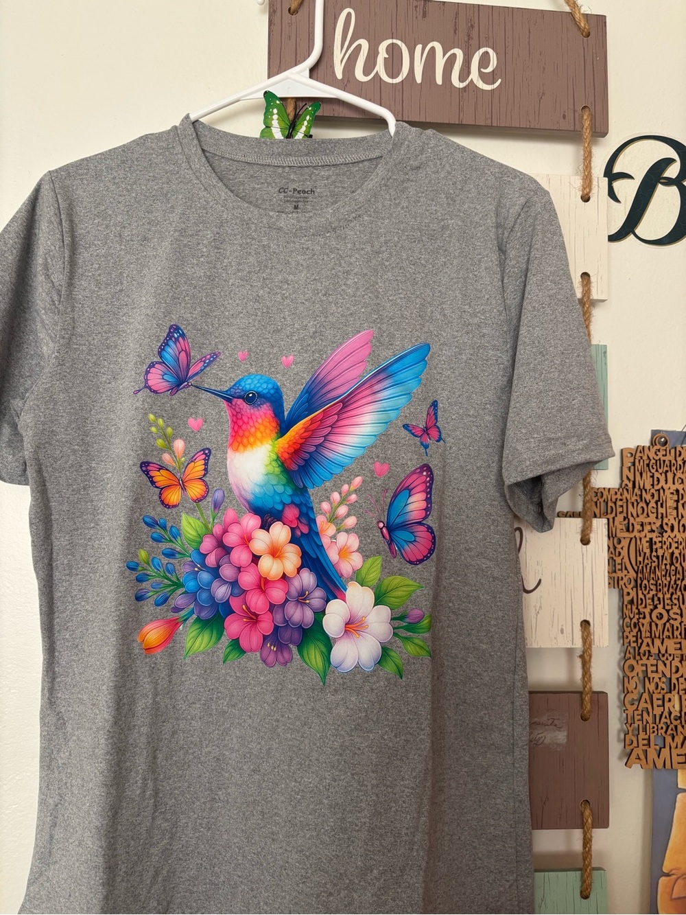 Gray T-Shirt with Colorful Hummingbird & Floral Print